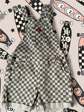Dickies Kids Checkerboard Short Overalls in Gray & White